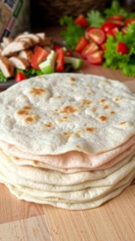 A stack of large homemade tortillas on a wooden table with fresh ingredients for tacos.